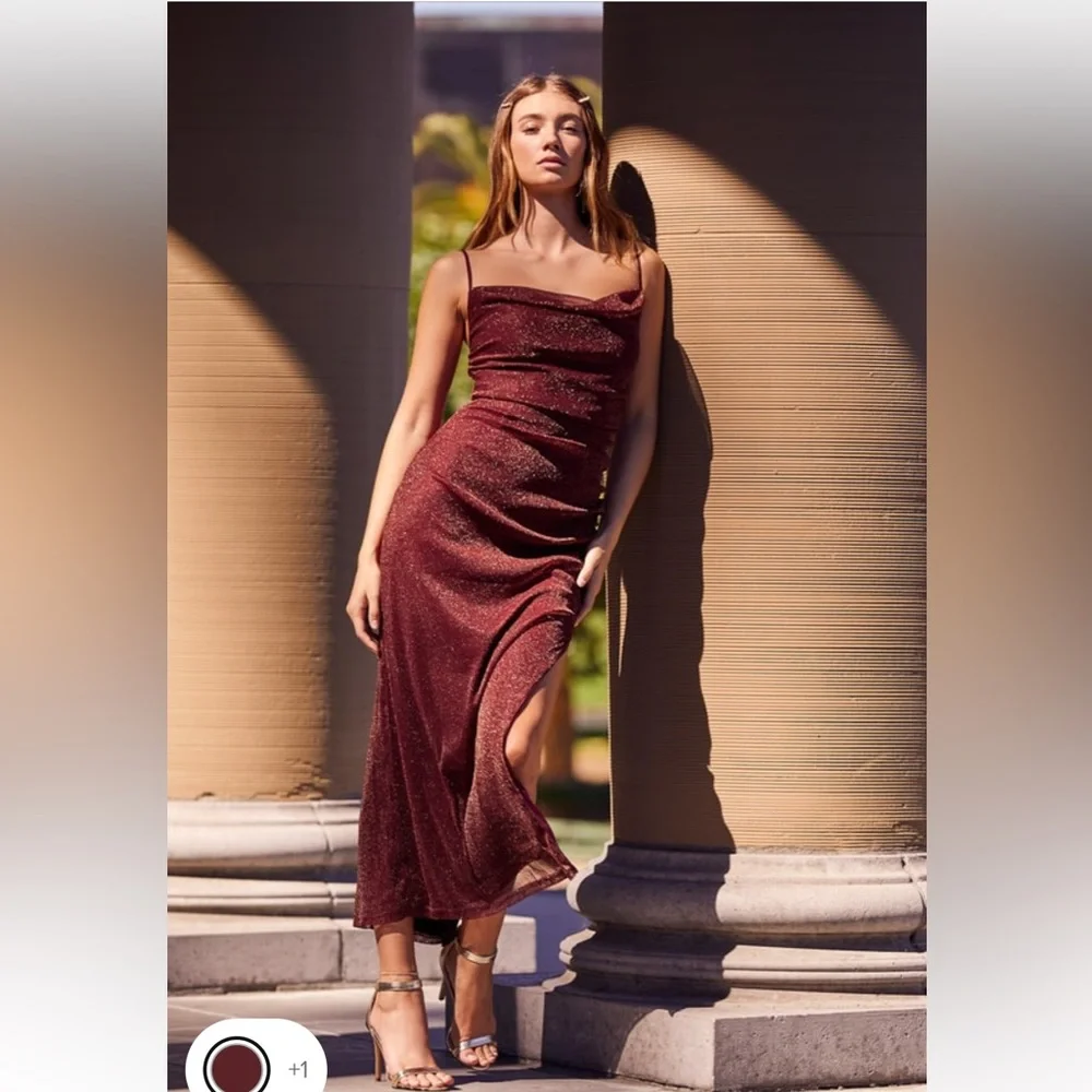 NWT Lulus Next Please Gold and Burgundy Cowl Neck Bodycon Dress - Picture 3 of 15